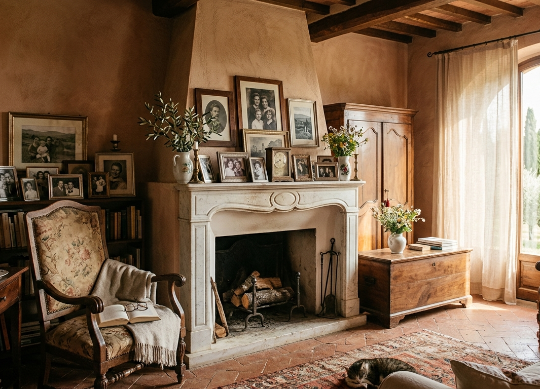 Villa italiana luminosa con arredi classici e fotografie di famiglia