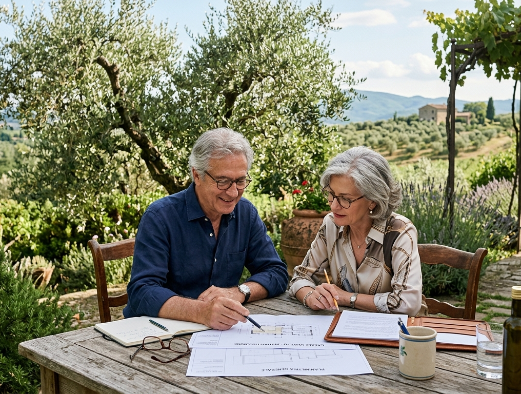 Coppia italiana matura che esamina documenti in un giardino mediterraneo