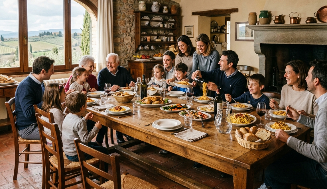 Famiglia multigenerazionale italiana riunita intorno a una tavola rustica