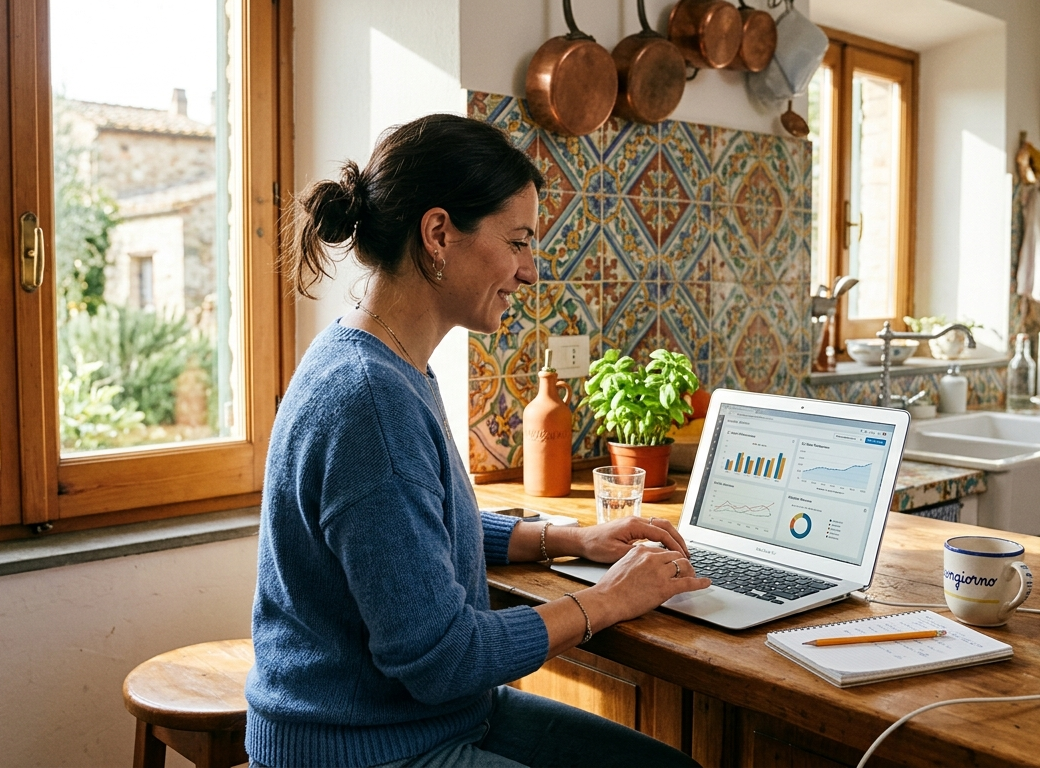 Persona che usa un laptop in una cucina luminosa con grafici sullo schermo